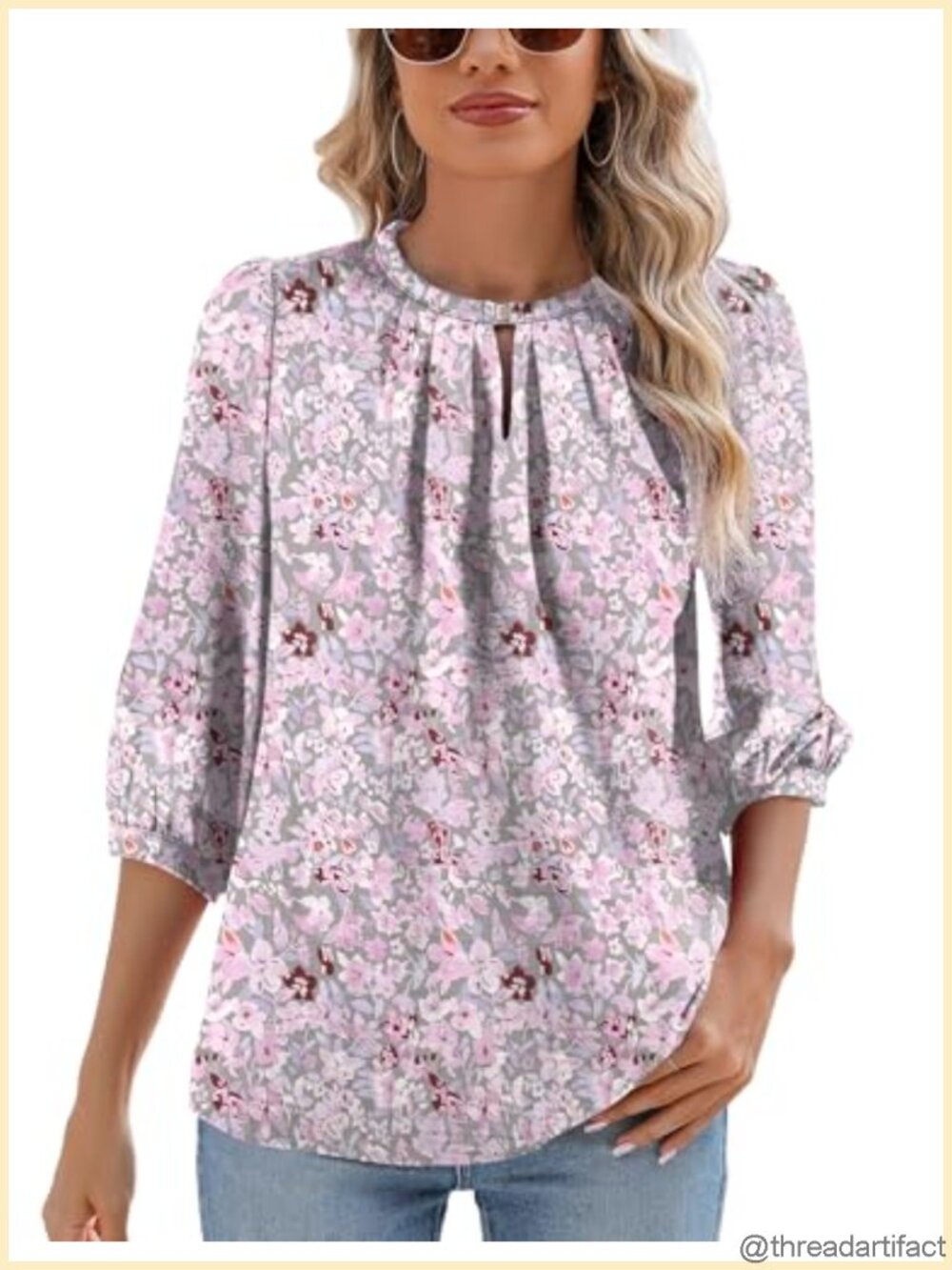 Women's Keyhole V Neck Puff 3/4 Sleeve Pleated Floral Tunic Blouse Work Top